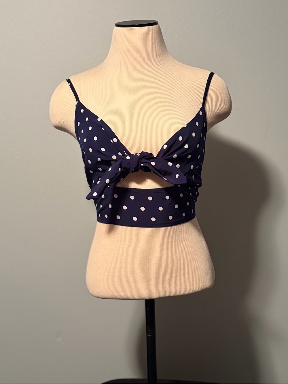 Navy Polka Dot Tie-Front Crop Top